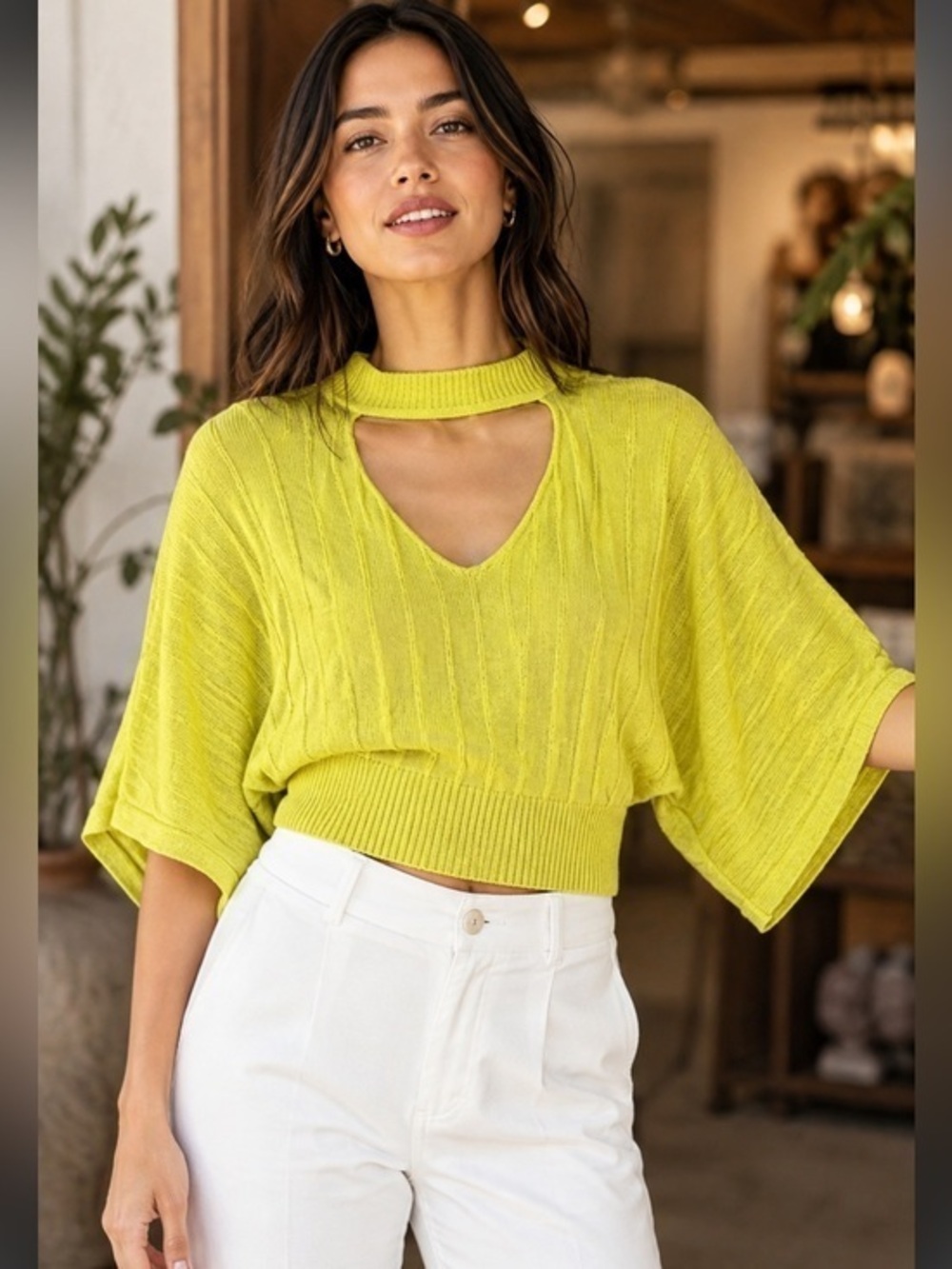 Anthropologie Neon Chartreuse Choker Cutout Dolman Crop Sweater Womens Medium